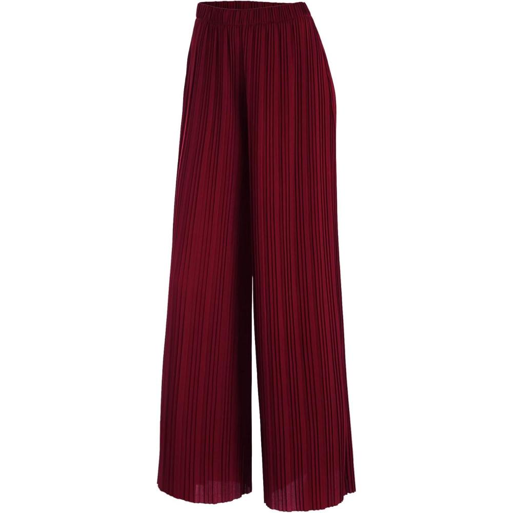 imageLock and Love Womens Pleated Wide Leg Palazzo Maxi Pants with Drawstring or Elastic BandMaroon